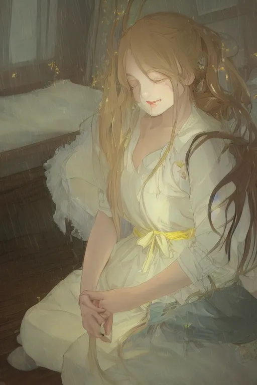 Prompt: a girl in a maid's outfit in the bedroom a night, raining outside the window, yellow theme, wavy white long hair, by krenz cushart and mucha and akihito yoshida and greg rutkowski and makoto shinkai, 4 k resolution