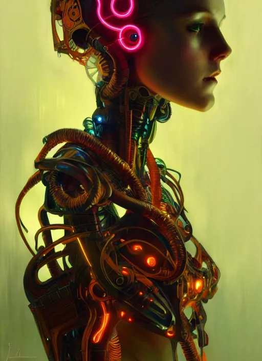 Image similar to neon cyborg, diffuse lighting, fantasy, intricate, elegant, highly detailed, lifelike, photorealistic, digital painting, artstation, illustration, concept art, smooth, sharp focus, art by John Collier and Albert Aublet and Krenz Cushart and Artem Demura and Alphonse Mucha