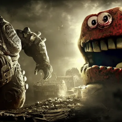 Image similar to evil large spongebob monster in gears of war, splash art, movie still, detailed face, photorealistic facial features, cinematic lighting, dramatic, octane render, long lens, shallow depth of field, bokeh, anamorphic lens flare, 8 k, hyper detailed, 3 5 mm film grain