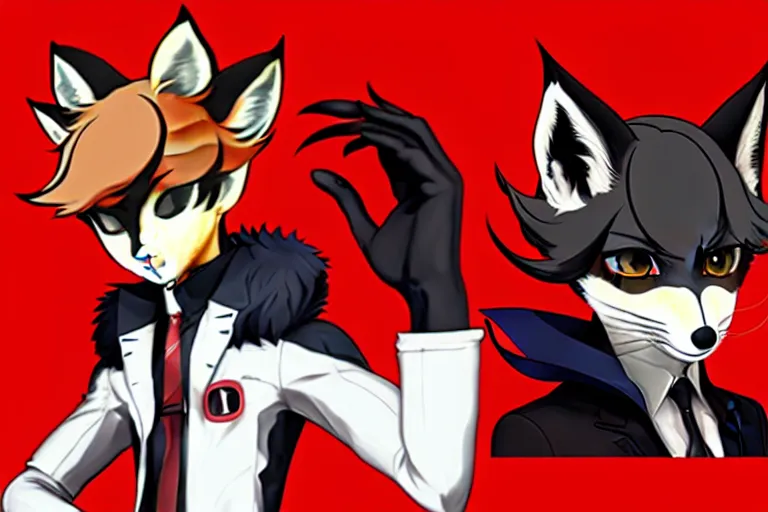 Image similar to a furry tan male fox on a persona 5 : royal ( by atlus ) video game splash screen, a furry male sandcolored tan fox fursona ( has hair ), persona 5 phantom thief style