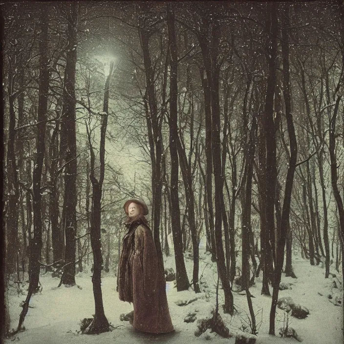 Prompt: portrait of a woman wrapped in bioluminescent fabric, standing in a snowy forest at night, color photograph, by jan van eyck, canon eos c 3 0 0, ƒ 1. 8, 3 5 mm, 8 k, medium - format print