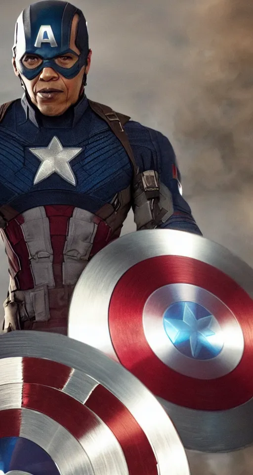 Image similar to Obama as Captain America in the Avengers, final epic scene, closeup still