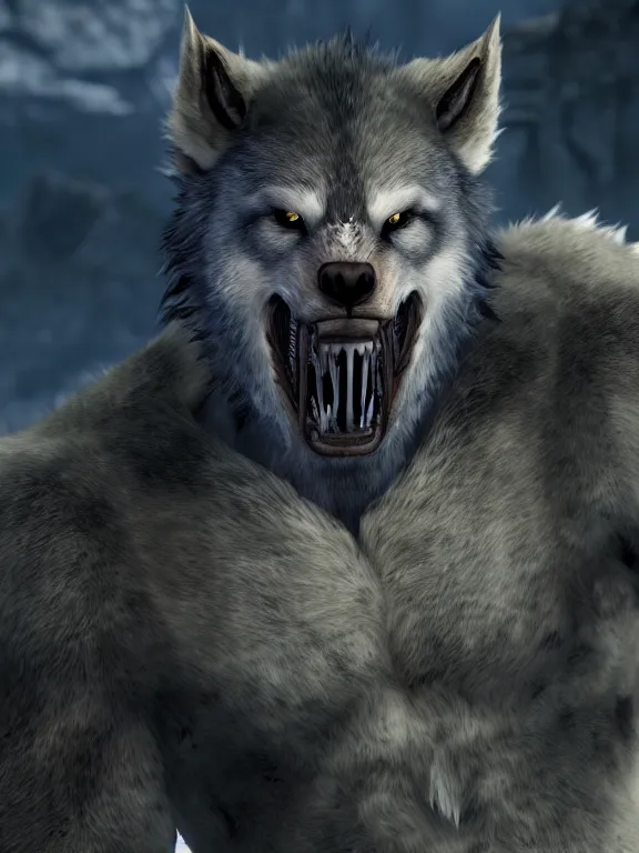 Image similar to cute handsome cuddly burly surly relaxed calm werewolf from van helsing unreal engine hyperreallistic render 8k character concept art masterpiece screenshot from the video game the Elder Scrolls V: Skyrim