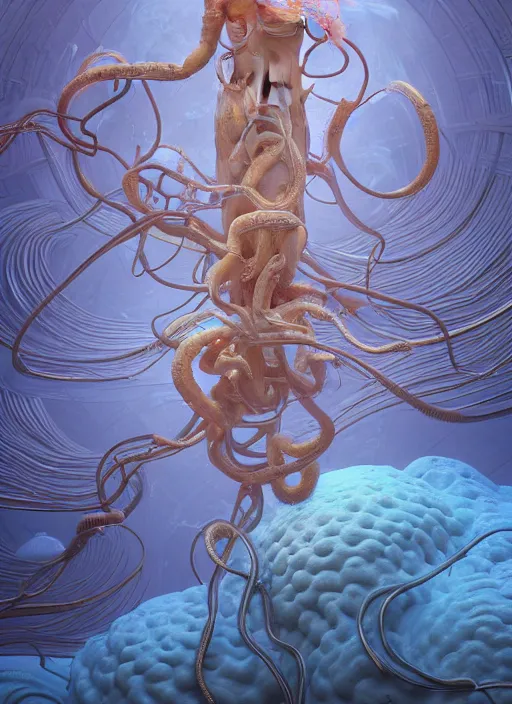 Image similar to subsurface scattering, translucent, medusa made of soft wax, cgsociety, wooden art nouveau swirls, colored smoke, gold cables, neurons, nuclear, in the style of ruan jia and beeple and giger, mystical colors, back light, rim light, dramatic lighting, 8 k, stunning scene, raytracing, octane render