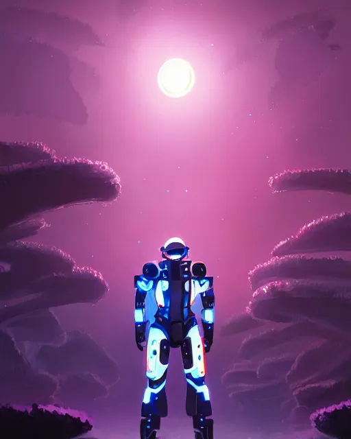Image similar to professional painting of chrome mechsuits covered in reflective armor, beautiful moonlight, tron aesthetic, many glowing lights, beautiful forests and trees, art by Jason Chan and darek zabrocki and John Park and Feng Zhu, trending on artstation, masterpiece.