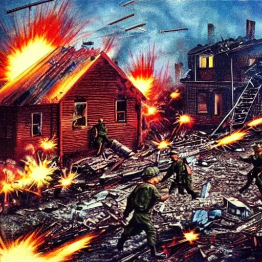 Image similar to color photo from the 80s, the shelling of a house in New York by Soviet soldiers, Many soldiers,epic style, a bunch of explosions, realistic style