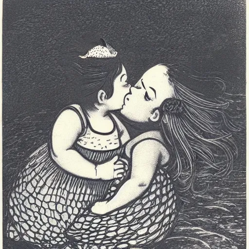 Image similar to the same style. the most beautiful little fat sweet girl is kissing a huge colorful cute fish. modern etching. colored print. hype realistic scene.