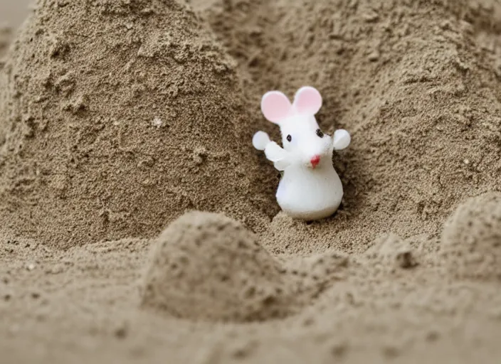 Image similar to dslr photo still of a little white mouse inside an intricate sand castle on wet sand in a bright sunny day, 8 k, 8 5 mm f 1. 4