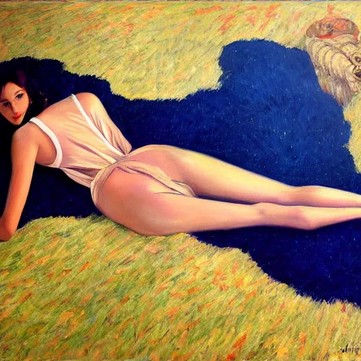 Prompt: a beautiful painting of a thin girls legs. she is wearing high heels and her legs are lying away from the camera. she is lying on a deep sheep wool rug. in style of ilya repin