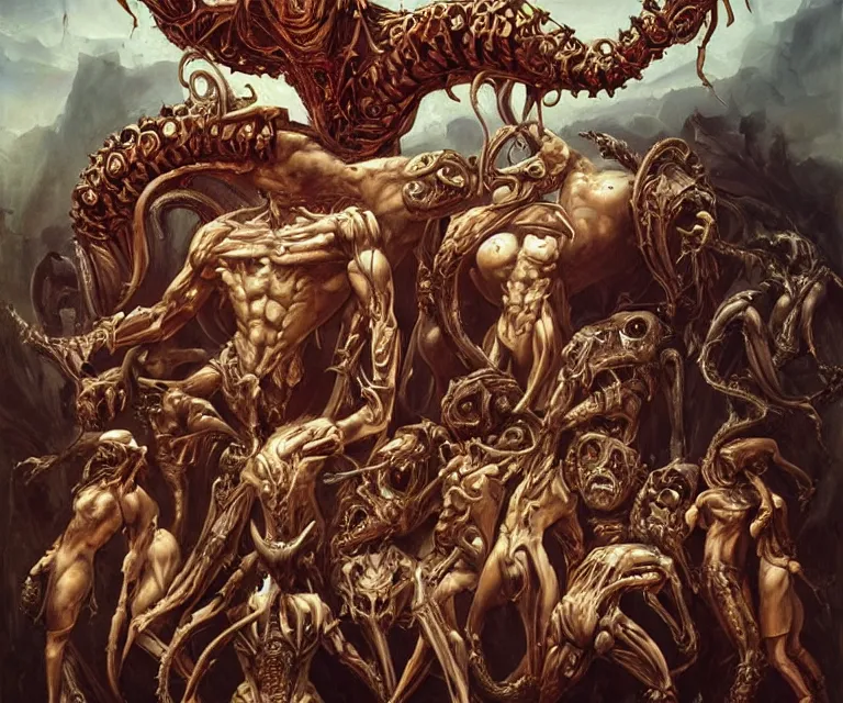 Image similar to elegant renaissance painting of biomechanical warhammer final boss bodybuilder vecna battle, art by alex ross and peter mohrbacher, epic biblical depiction, flesh and bones, fangs, teths and tentacles, corpses and shadows!