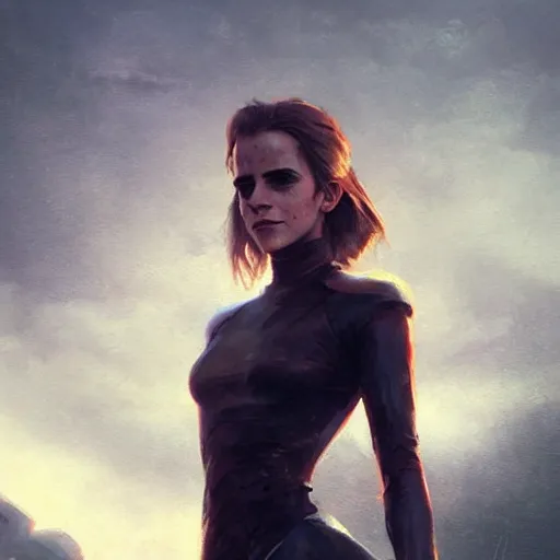 Image similar to a portrait of emma watson wearing skintight dress, post apocalyptic earth in the background as seen by greg rutkowski, dark theme, enchanted, warm colors, high quality, waw, trending on artstation