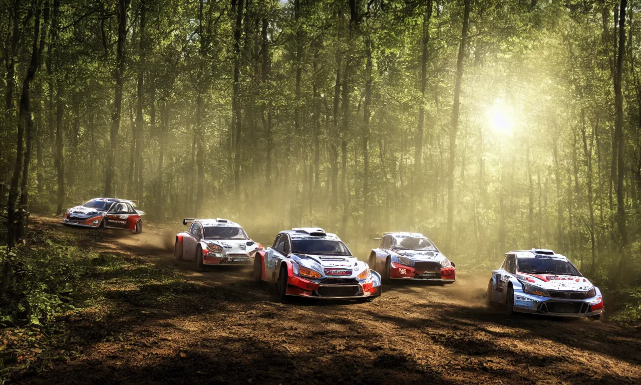 Image similar to 3 rally cars racing through a forest with a river behind them, sun shining through the trees, motion blur high detail ultra realistic 8k,
