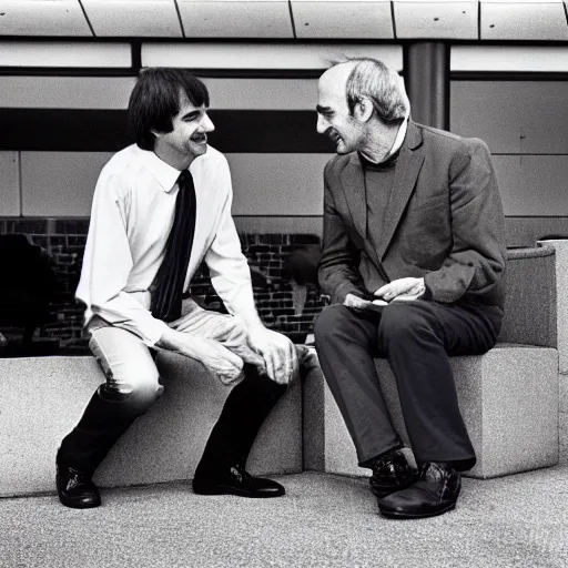 Image similar to photograph douglas adams discussing happier times with steve jobs on campus 1 9 8 8, healthy, douglas adams, in thomas ruff style, 3 5 mm ektachrome