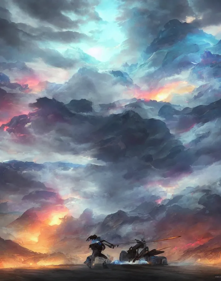 Prompt: Concept art, US Civil War random fight cinematic scenes, blue sky with beautiful clouds, fire and grey smoke here and there, boixcar style, matte painting, vaporwave vaporwave vaporwave watercolor cover art with warm and vibrant colors, volumetric light, oil on canvas art by Rossdraws, award-winning masterpiece with incredible and beautiful details digital art, trending on artstation, smooth, 4K