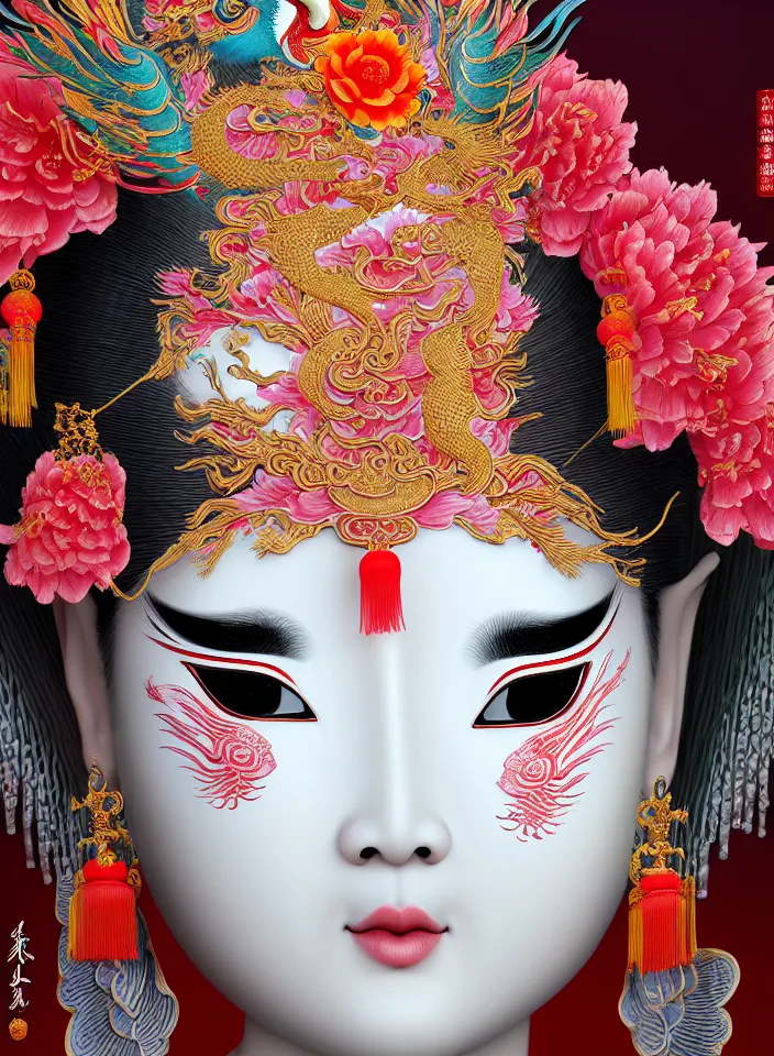 Prompt: 3 d chinese goddess close up profile portrait, beautiful intricately detailed chinese peking opera mask and clasical chinese cheongsam, chinese architecture, peony, crane, koi fish, peacock, pine tree, bio luminescent, plasma, fire, water, wind, creature, artwork by tooth wu and wlop and beeple and greg rutkowski