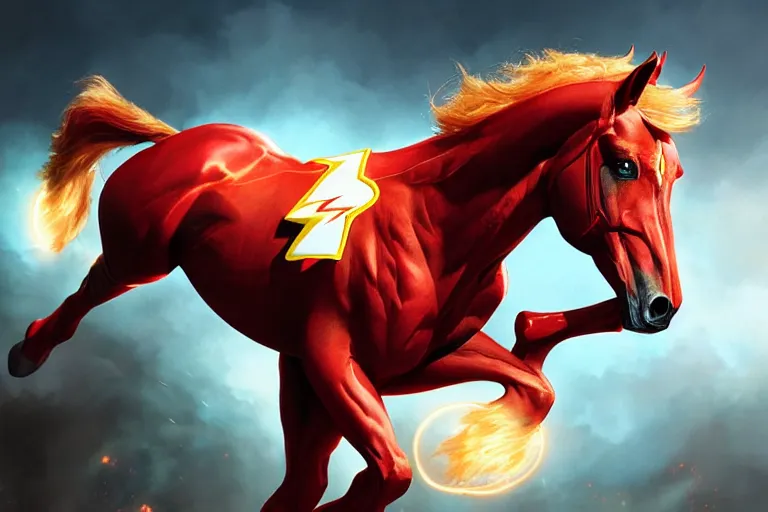 Image similar to a stunning digital painting of a horse as the flash in spandex costume, running in the speedforce by greg rutkowski, volumetric light, digital art, fine detail, photorealistic