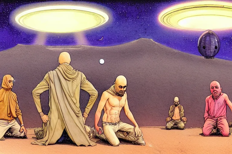 Image similar to a hyperrealist watercolour character concept art portrait of a group of middle eastern men kneeling down in prayer in front of an elegant alien with 1 2 eyes on a misty night in the desert. a ufo is in the background. by rebecca guay, michael kaluta, charles vess and jean moebius giraud