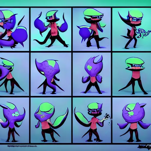 Prompt: official character sheets for a new laid back vampire squid character, artwork in the style of splatoon from nintendo, art by tim schafer from double fine studios, edgy original character color palette from the early two thousands, black light, neon, spray paint, punk, tall thin frame, adult character, fully clothed, colorful