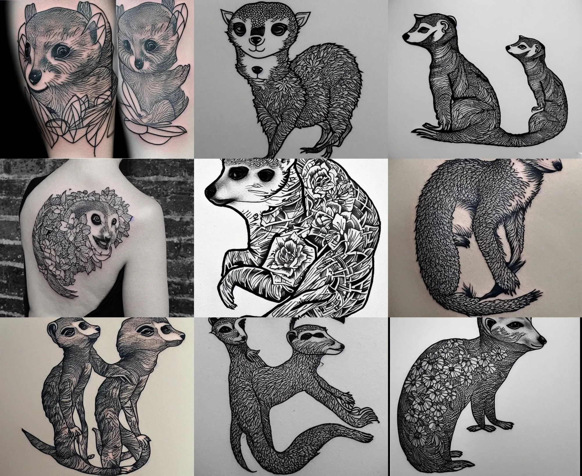 Image similar to detailed amazing tattoo stencil of a meerkcat standing flowers