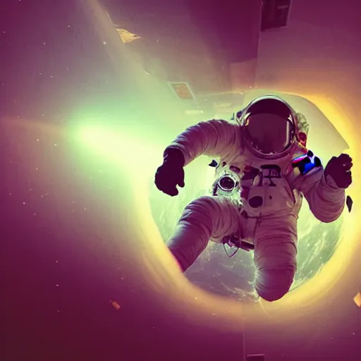 Image similar to photograph of an astronaut against the pitch black darkness of space, full body photo, lit from below, amazing light and shadow contrast,, 8 k