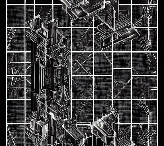 Image similar to a black and white illustration of a cyberpunk epic Friday night firefight in the style of MC Escher, Night City, cyberpunk 2077, 1979 OMNI Magazine Cover, impossible geometry, coherent, street level neo-Tokyo in Cyberpunk 2045, 4k, 8k, HD, trending on artstation