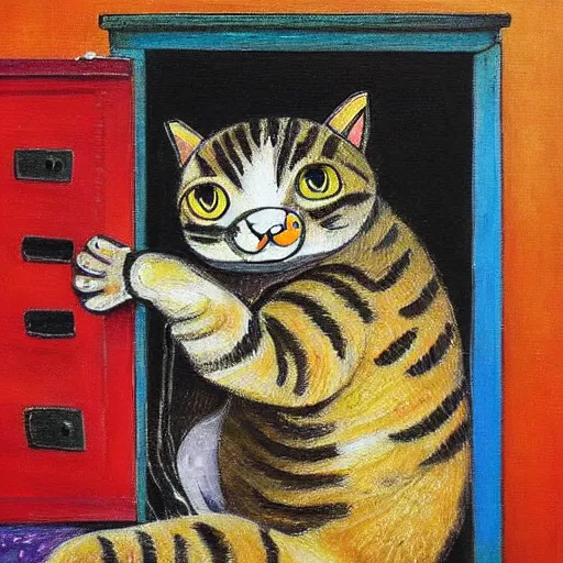 Image similar to painting of a cat poking half way out of a dumpster by louis wain