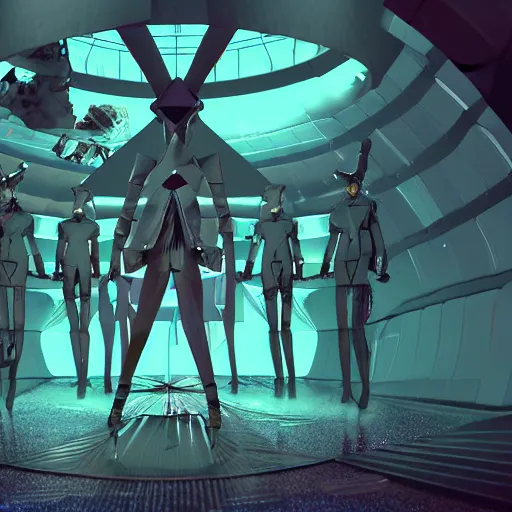 Image similar to fashion show at mars, ayanami, fashion of casting cyber pyramid, render daft cypher anime marlboro, abstract, glitch android, male druid, 8 a 3 d outfit, alien detailed, broken mask, shadows realism, beeple, wizard robot, inside karol very epcot, by albedo glowing colossus, forest kodak