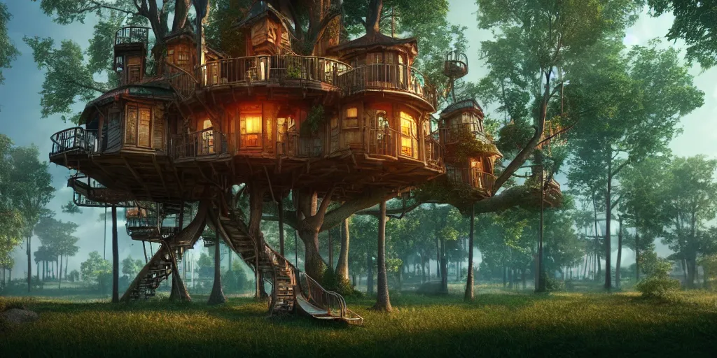 Image similar to a treehouse city, highly detailed, 8 k, hdr, award - winning, octane render, artstation, volumetric lighting