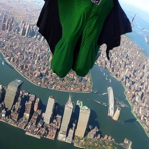 Image similar to Hulk in a wingsuit flying over NYC