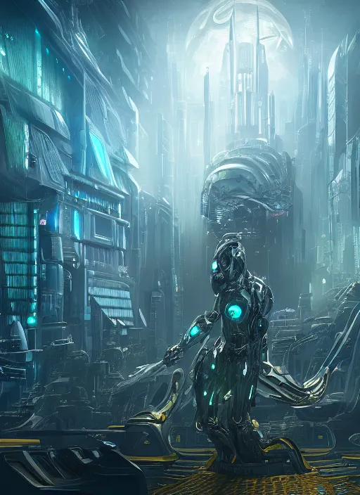 Image similar to benevolent cyborg necromancer, scifi, futuristic city, helpful, kind, intelligent, alien room background, large windows, white, blue, gold, highly detailed, trending on artstation, soft light, holy machine, advanced technology, art by vitaly bulgarov and nivanh chanthara