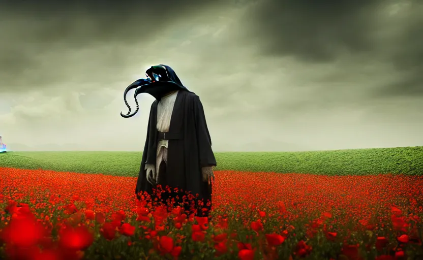 Image similar to an extremely disturbing horror photograph of a plague doctor in a field of opium poppies, hyperrealism, sharp focus, highly detailed, horror cgi 4 k, matte, octane render, cinematography, photo by professional photographer