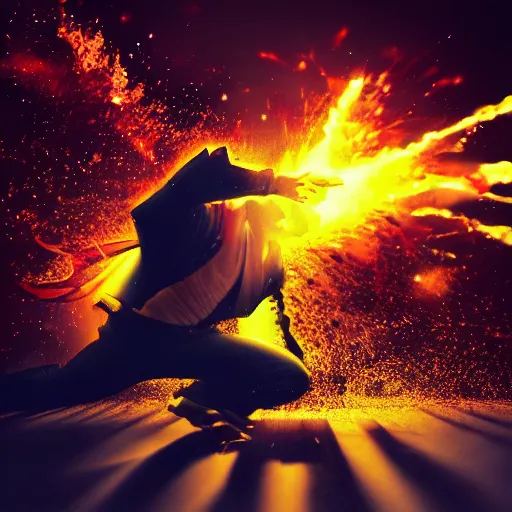 Prompt: man hitting the ground creating a explosion, anime, album cover, rain