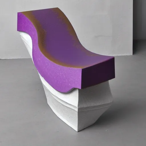 Prompt: an abstract form in purple wax, foam and porcelain floating in jean prouve design