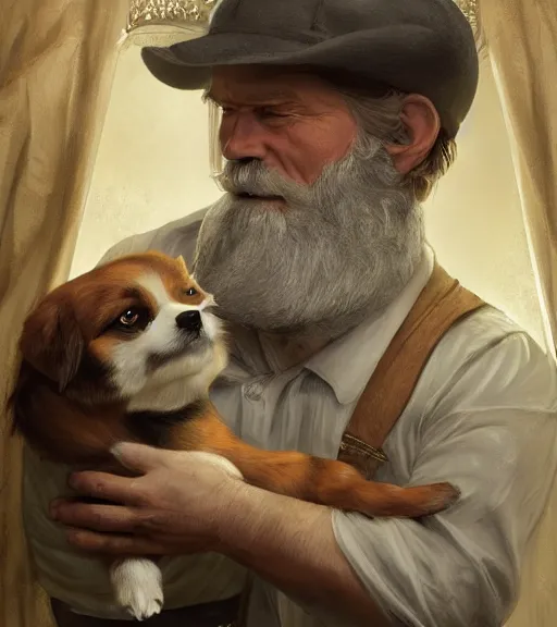 Image similar to full portrait of a old, ruggedly handsome bearded man petting a corgi dog, soft hair, muscular, half body, cloth, d & d, fantasy, intricate, elegant, highly detailed, digital painting, artstation, concept art, smooth, sharp focus, illustration, art by artgerm and greg rutkowski and alphonse mucha