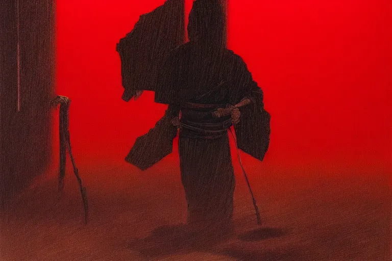 Image similar to only with red, a red samurai harakiri, tokio, a lot of frogs watch, in the style of beksinski, parts by edward hopper, parts by rodcenko, parts by yue minjun, intricate and epic composition, red by caravaggio, insanely quality, highly detailed, masterpiece, red light, artstation, 4 k