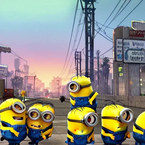 Image similar to minions in GTA V, Cover art by Stephen Bliss, Boxart, loading screen