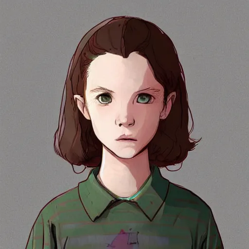 Prompt: portrait of Eleven from Stranger things by Makoto Shinkai and Yoshitaka Amano , character,anime,scene!! , Messy , dark