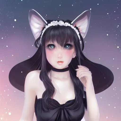 Image similar to realistic beautiful gorgeous natural cute fantasy girl black hair cute black cat ears in maid dress outfit beautiful eyes art drawn full HD 4K highest quality in artstyle by professional artists WLOP, Taejune Kim, JeonSeok Lee, ArtGerm, Ross draws, Zeronis, Chengwei Pan on Artstation