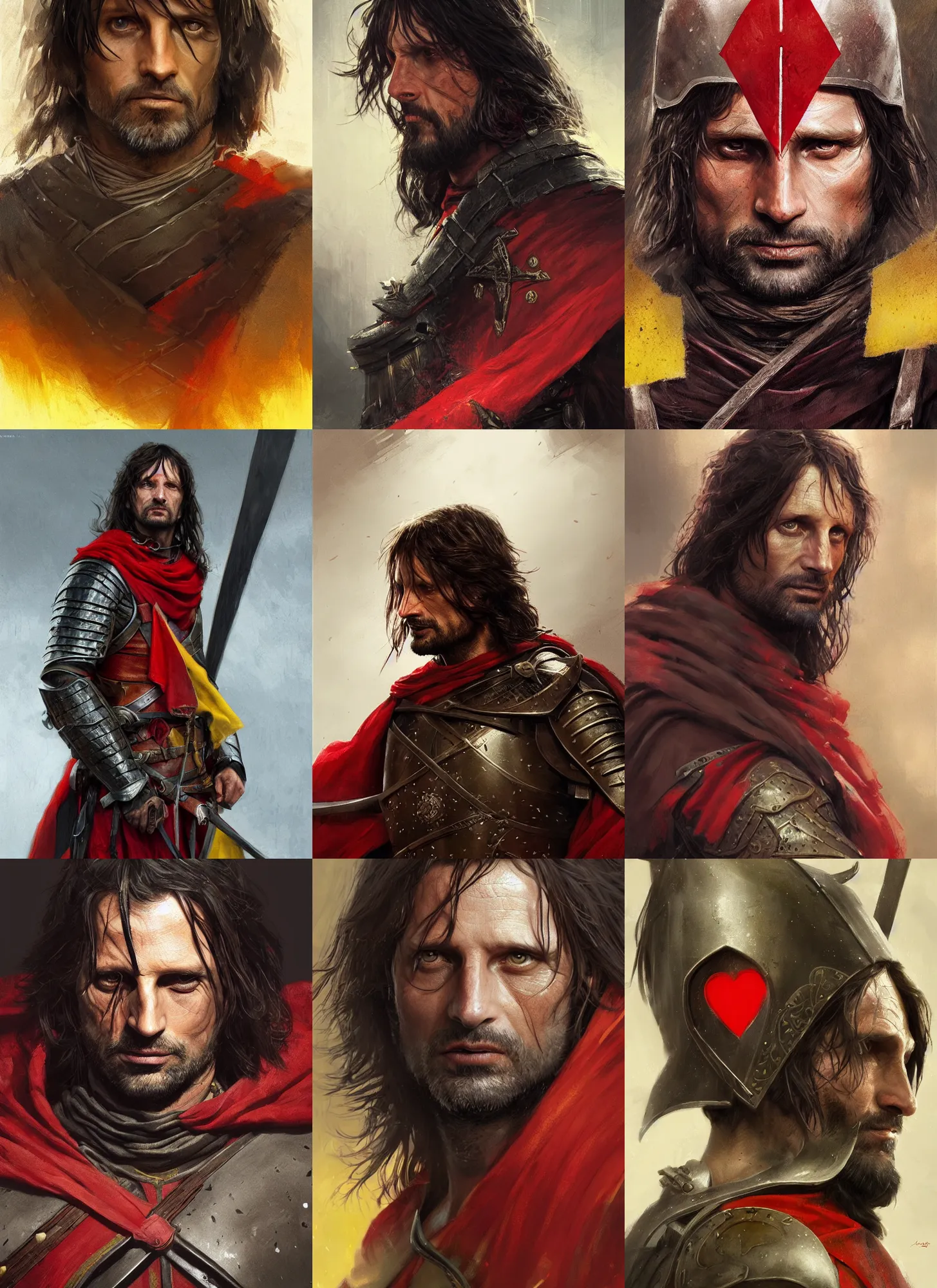 Prompt: aragorn close-up portrait medieval armor, dark, red cross on yellow flag in background, intricate, highly detailed, artstation, digital illustration, ruan jia, mandy jurgens, rutkowski