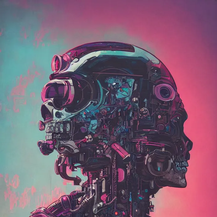Prompt: a beautiful painting of a cyberpunk skull by james jean and pascal blanche and reza afshar. in style of colorful comic noir illustration, symmetry, sci fi, hyper detailed. octane render. trending on artstation
