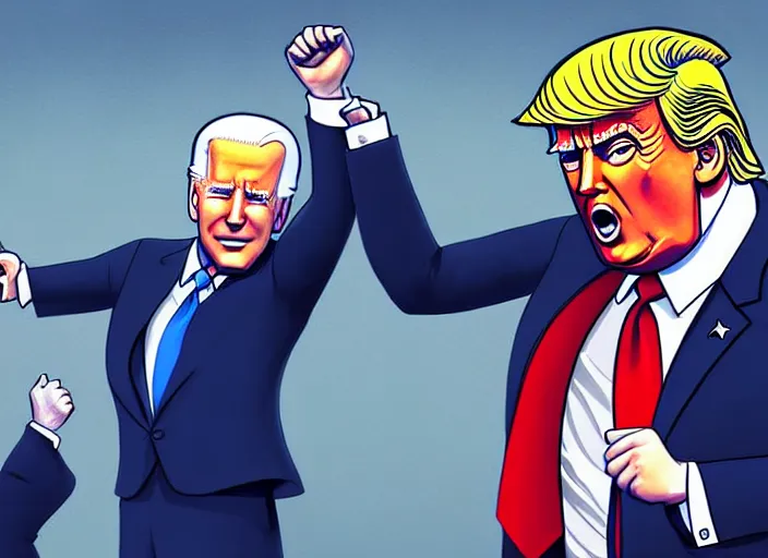 Prompt: donald trump and joe biden in handcuffs going to jail, digital art, trending on artstation, highly detailed, illustration, concept art, elegant, beautiful, masterpiece