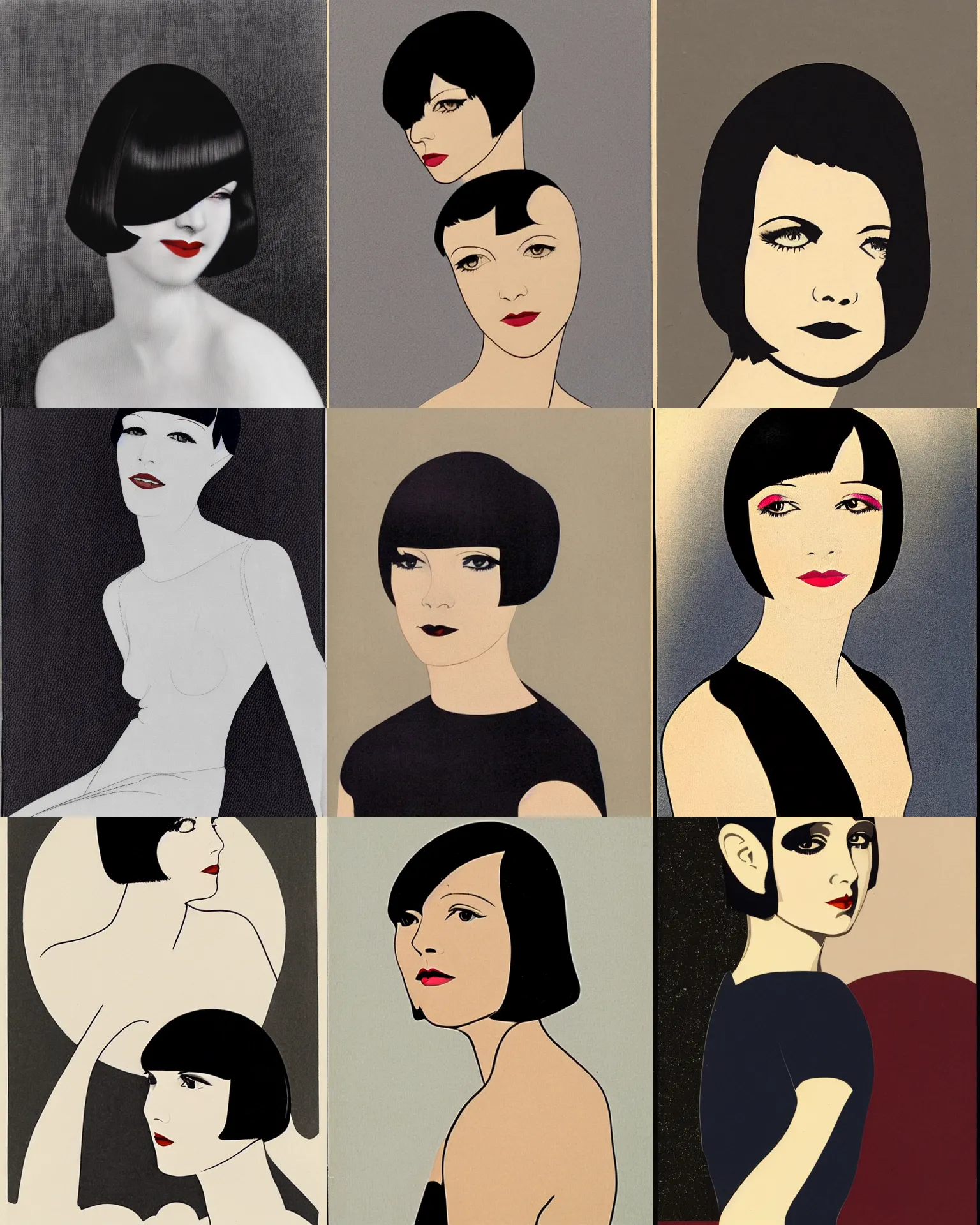 Prompt: Mary Louise Brooks 25 years old, looking demure , bob haircut, side on portrait by Patrick Nagel, 1920s,