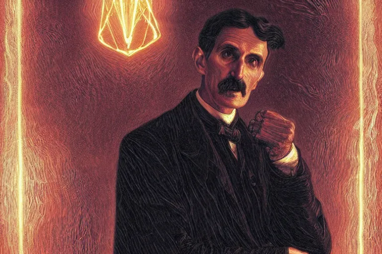Image similar to a portrait of Nikola Tesla with a background of sparks and electricity, bright lighting, fog, volumetric lighting, intricate, elegant, highly detailed, digital painting, artstation, concept art, smooth, sharp focus, art nouveau, art by artgerm and greg rutkowski and alphonse mucha