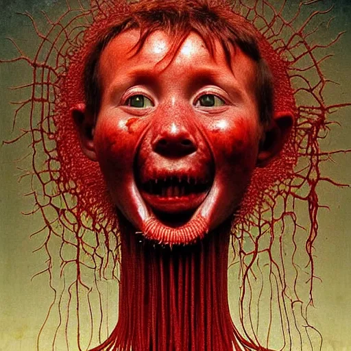 Image similar to half boy half rhino made of spaghetti and tomato sauce, looking straight into camera, screaming in pain, by giuseppe arcimboldo and ambrosius benson, renaissance, fruit, intricate and intense oil paint, a touch of beksinski and hr giger and edward munch, realistic