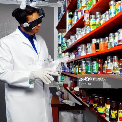 Image similar to chemist turns vinyl gloves into hot sauce, stock photo
