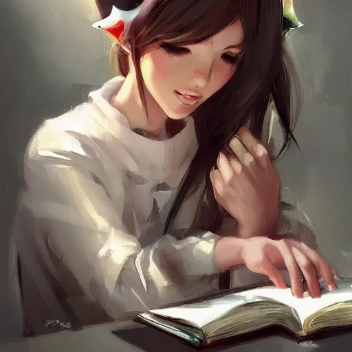 Prompt: Girl with cat ears studying from a textbook, by WLOP, by Artgerm, by Michael Garmash, by Rob Rey, digital art, trending on artstation, beautiful lightning, atmospheric