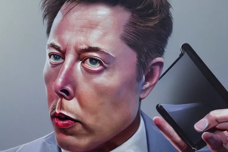 Image similar to hyperrealism aesthetic ridley scott and denis villeneuve style close - up photography of a detailed hyperrealism elon musk, siting on a detailed hyperrealism toilet and scrolling his detailed smartphone in hyperrealism scene from detailed art house movie in style of alejandro jodorowsky and wes anderson