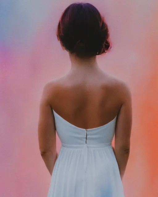 Prompt: watercolor picture of a beautiful young woman in white dress, from the back, looking at the camera, high key, 8k