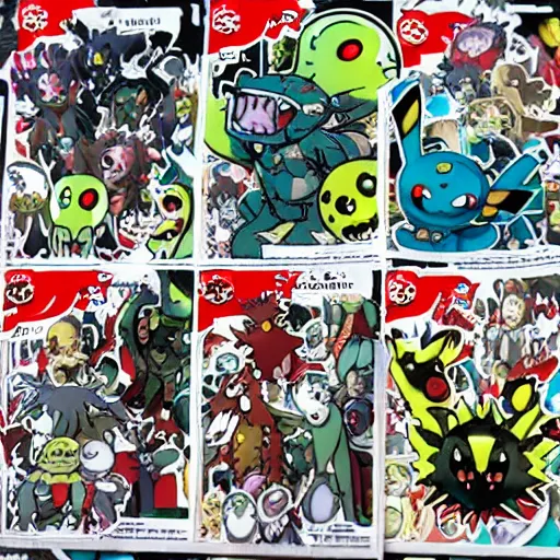 Prompt: horror pokemon manga stickers from the 1 9 9 0 s