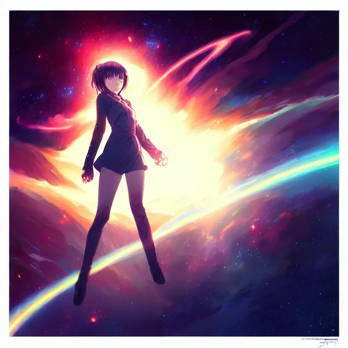 Image similar to thundering across the stars, planets, nebulae, cosmic, lens flare, anime style. realistic shaded lighting poster by ilya kuvshinov katsuhiro, magali villeneuve, artgerm, jeremy lipkin and michael garmash, rob rey and kentaro miura style, trending on art station, unreal engine, highly detailed, pixiv